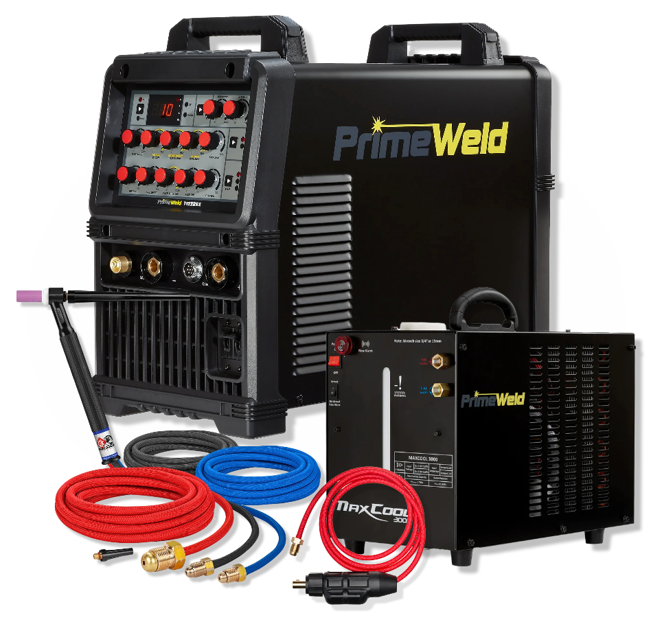PrimeWeld TIG325X Complete Package - AC/DC TIG Welder With Foot Pedal, Maxcool 3000 Water Cooler, Water Cooled CK #20 Style Torch W/25ft Superflex, Water Cooled Dinse Connector