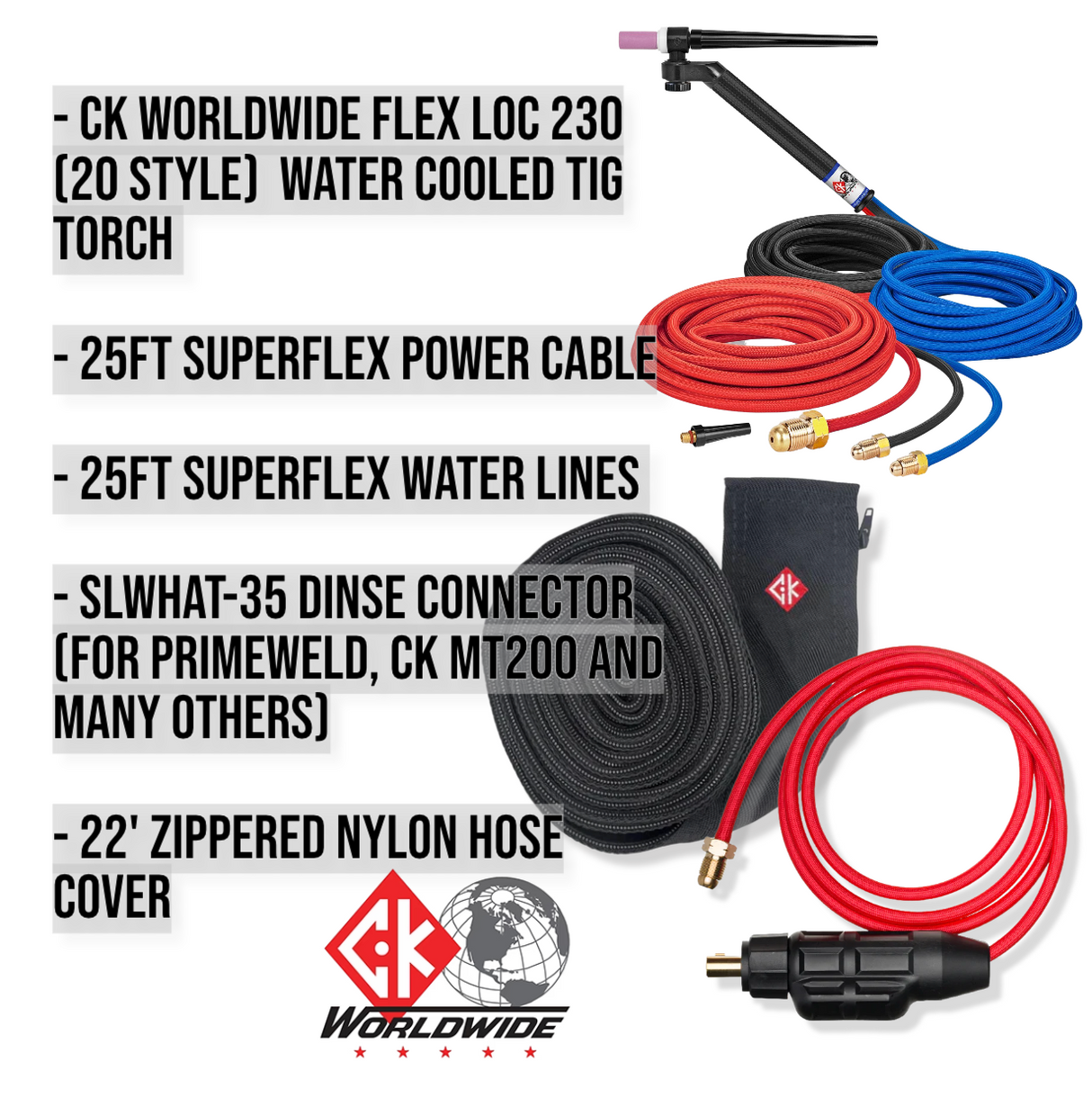 CK Worldwide FL230 Flex Loc Water Cooled Tig Torch Bundle W/ 25ft Superflex cable, SLWHAT-35 Dinse Connector, Zippered Nylon Hose Cover