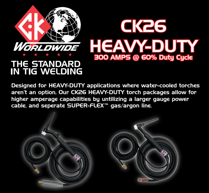 CK Worldwide Heavy Duty 26 Air Cooled TIG Torch , Flex Head, Valve, 300A - W/ 12.5ft. Super Flex Hose