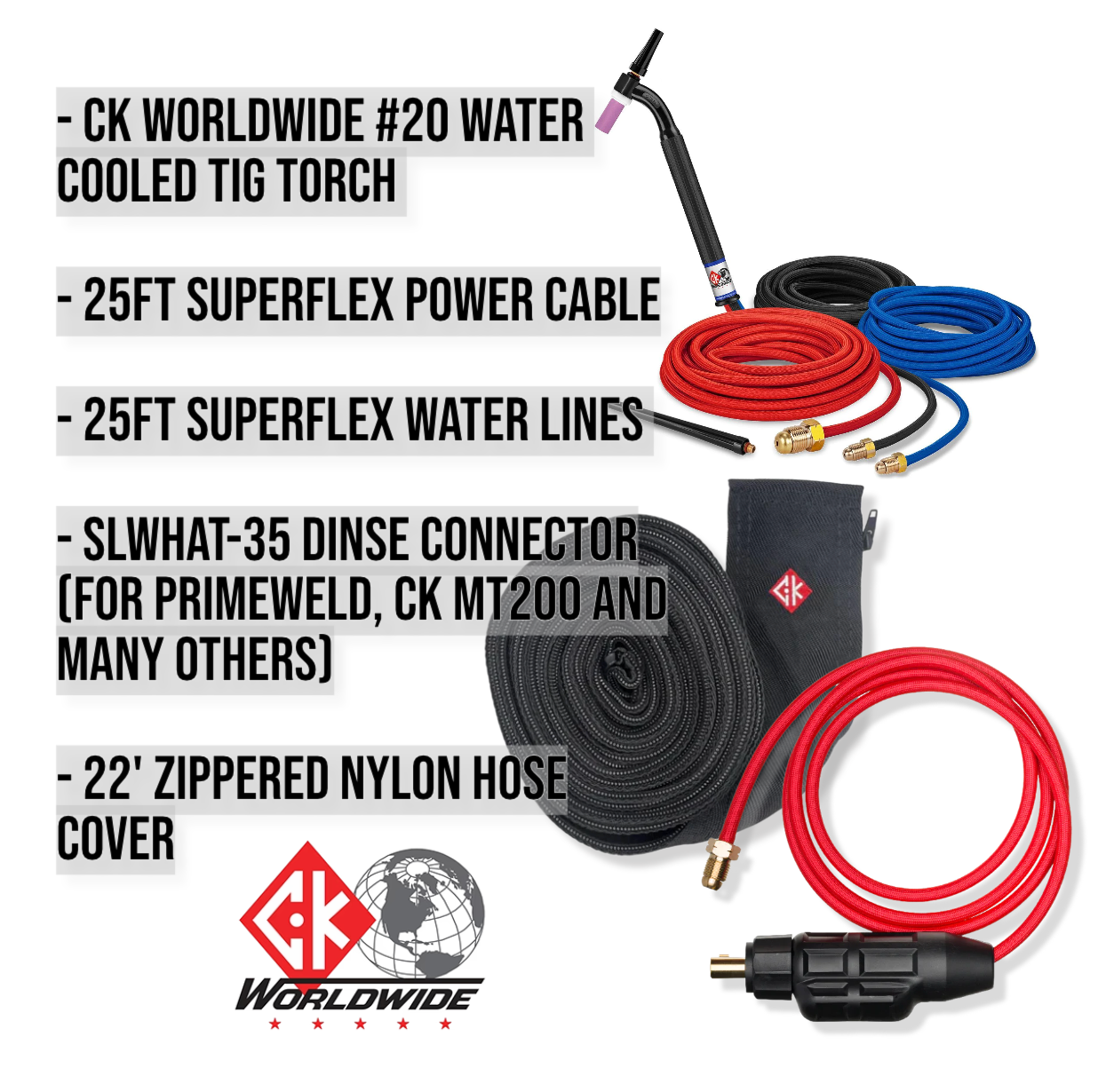 CK Worldwide #20 Water Cooled Tig Torch Bundle W/ 25ft Superflex cable, SLWHAT-35 Dinse Connector, Zippered Nylon Hose Cover