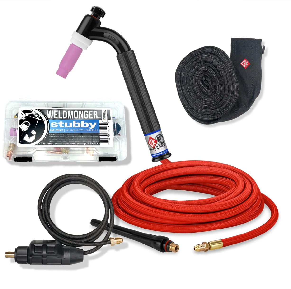 CK Worldwide #17 Air Cooled Tig Torch Bundle W/ 25ft Superflex Cable, SL2-35 Dinse Connector, Zippered Nylon Hose Cover, WELDMONGER® Stubby Gas Lens Kit