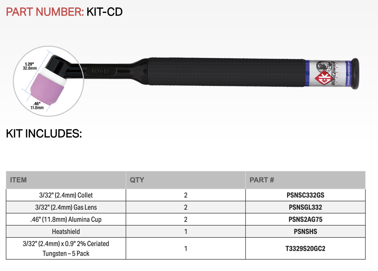 CK24 Air Cooled Cut-Down TIG Torch Kit, 80A, 25', 1-Pc, Super-Flex, CK24-25SF-CD, With Cut-Down Accessory Kit